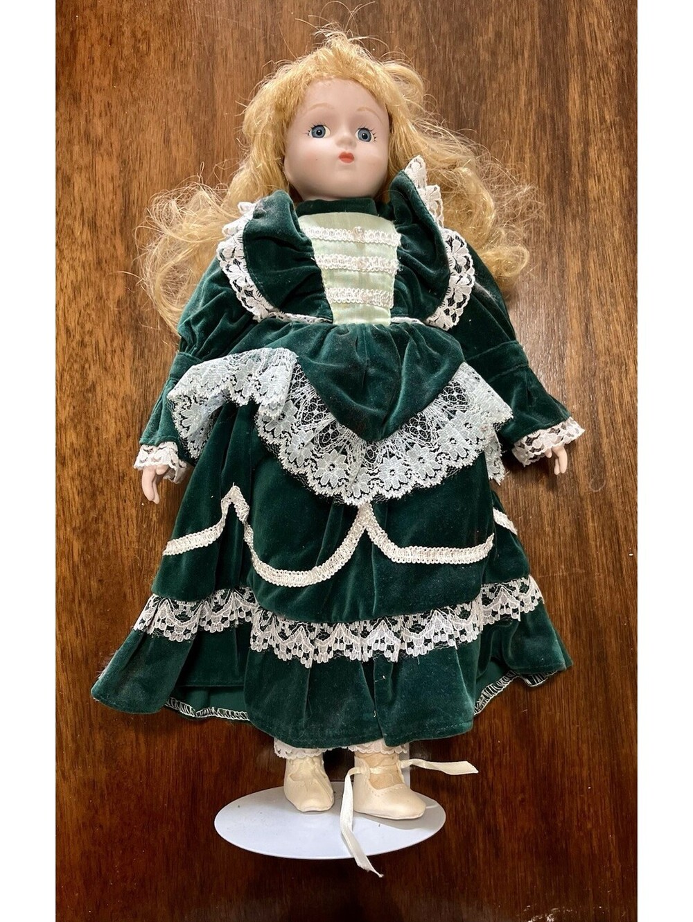 Vintage 16" Porcelain Collector Doll Blonde Emerald Green Velvet & Lace Dress
